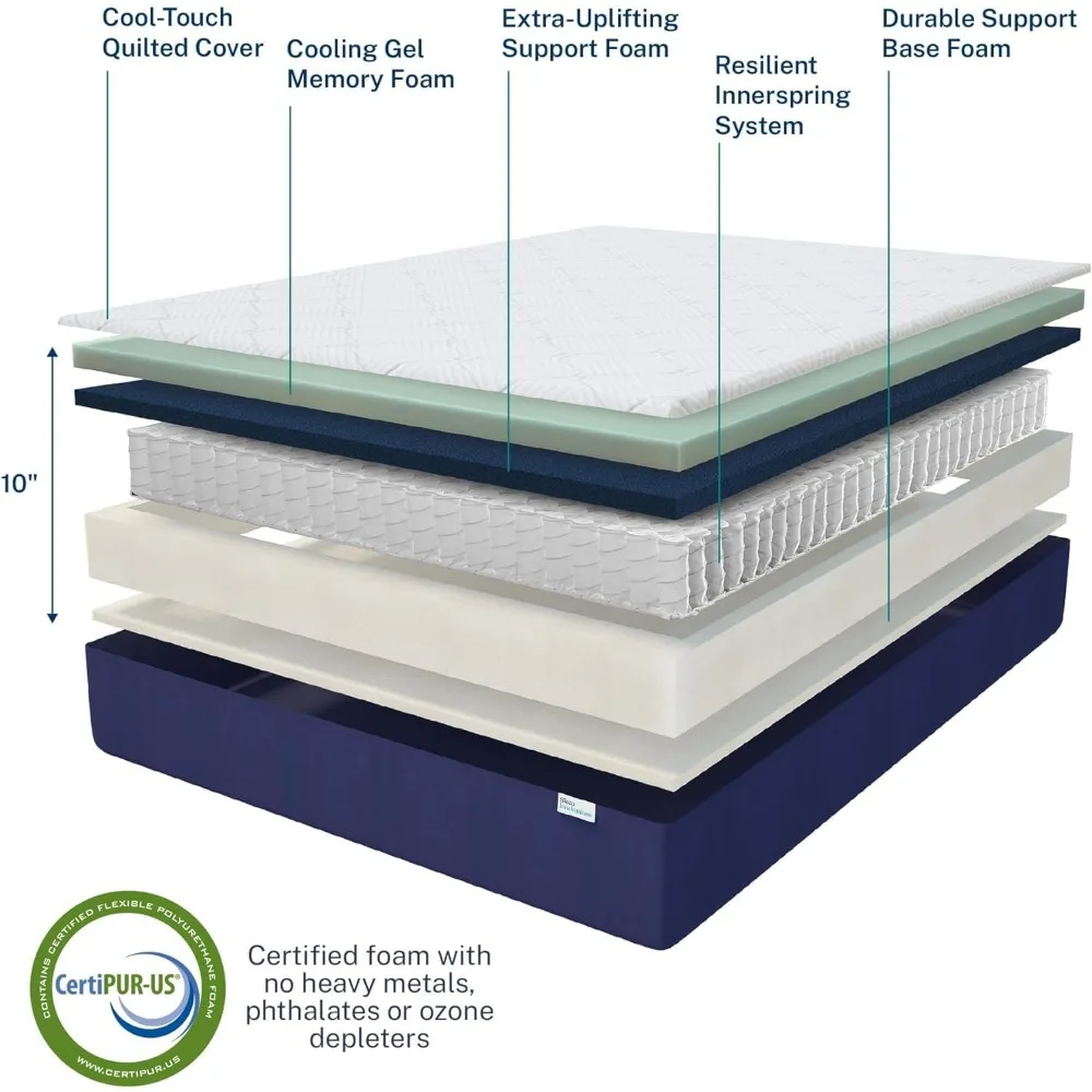 Marley Hybrid 10 Inch Cooling Gel Memory Foam and Innerspring Coil Mattress, Queen Size, Bed in a Box