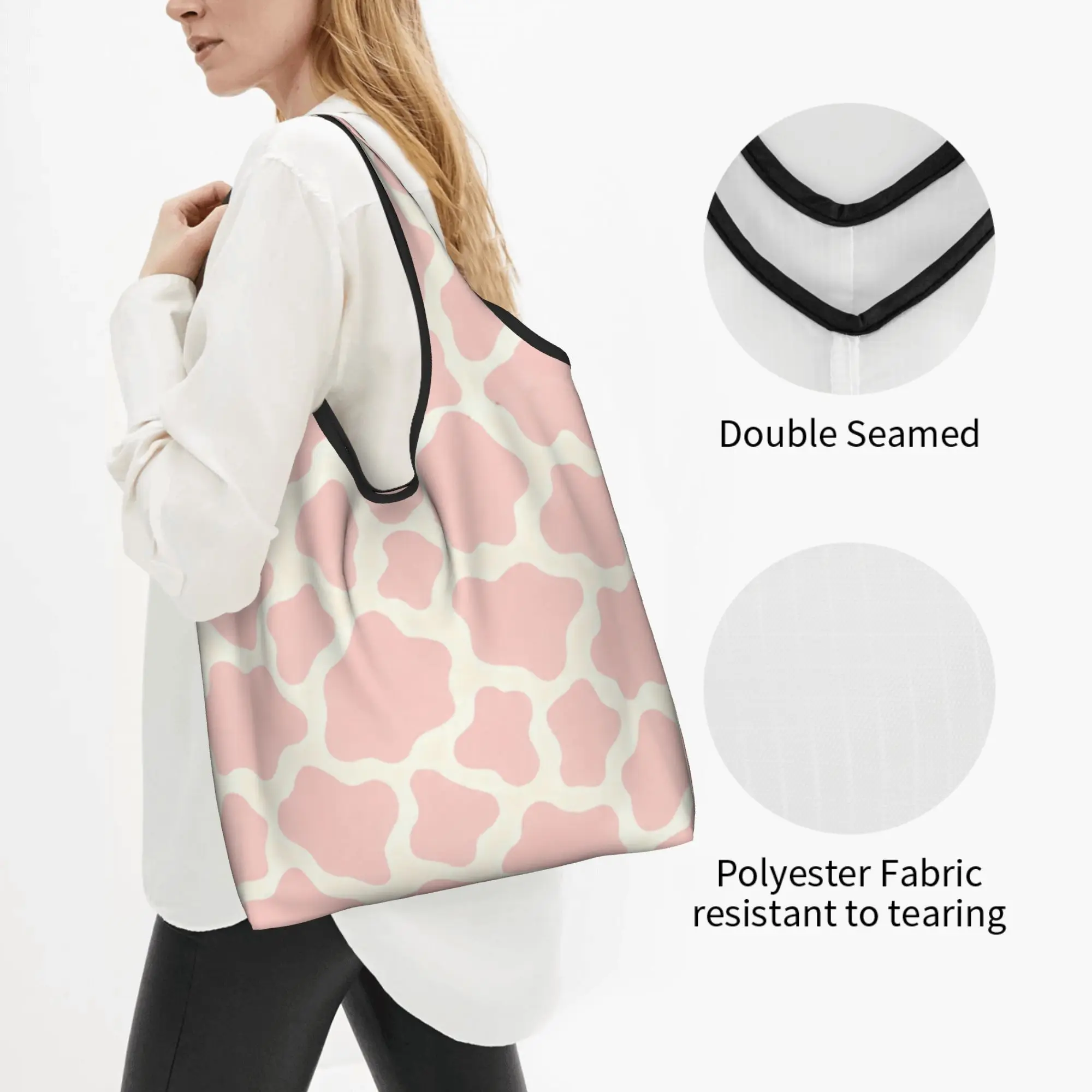 Custom Spots Tiger Cheetah Stripe Cowhide Geometry  Shopping Bag  Big Capacity Grocery Pastel Pink Print  Tote Shopper Bags