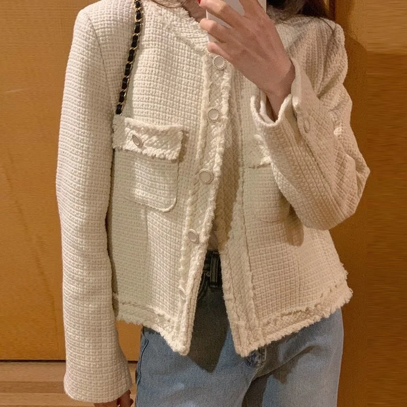 

Korean Casual Tweed Woolen Jacket Double Pocket O-Neck Cropped Coat French Style Jackets Elegant Office Ladies Outerwear