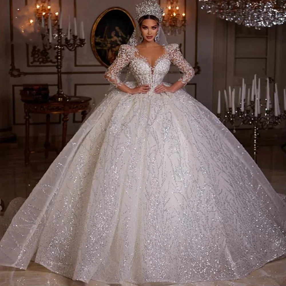 Royal Ball Gown Royal Wedding Dresses Sweetheart Long Sleeve Lace Beaded Bride Gown Customized High Quality Princess Dress