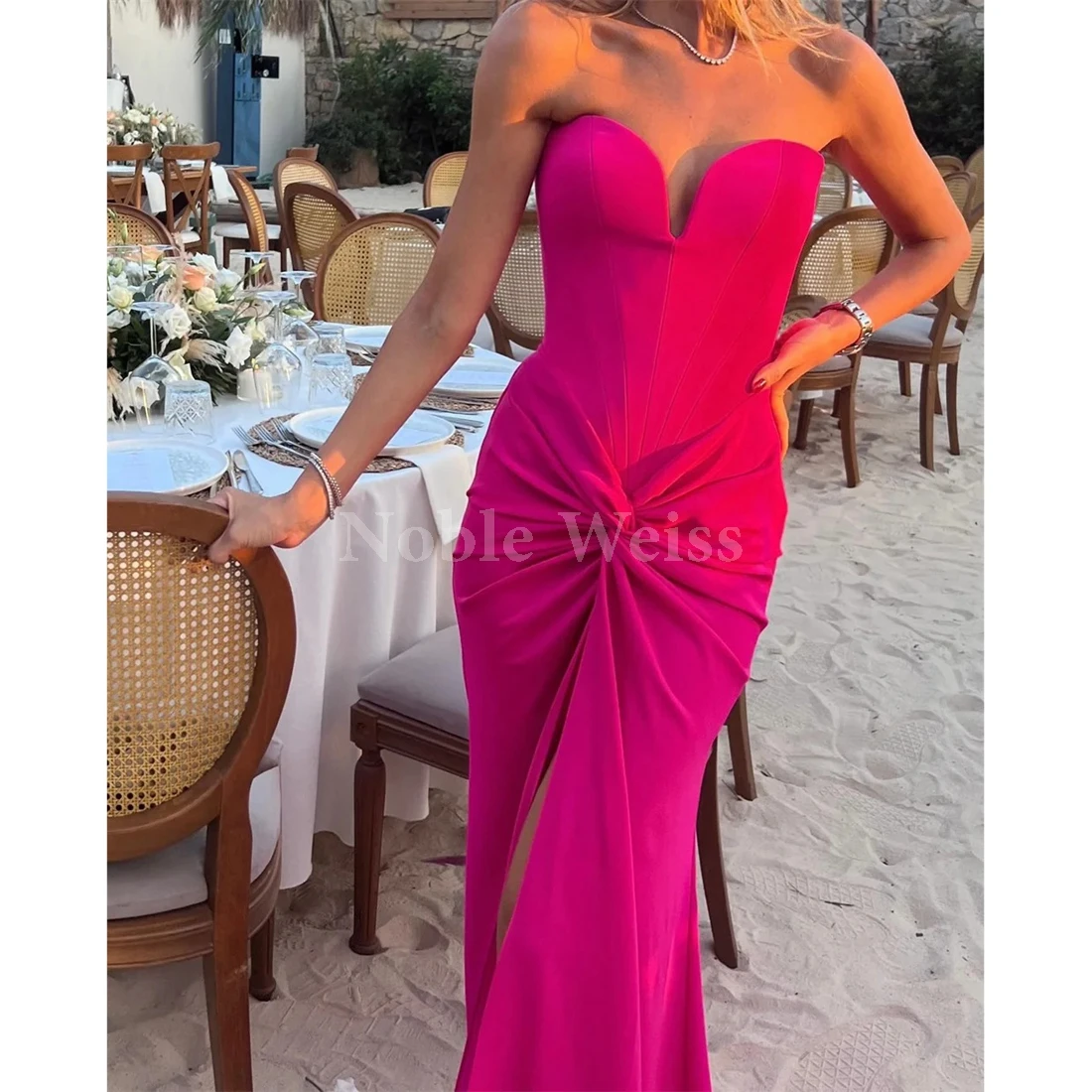 Querida cetim vestido de baile sereia plissado até o chão vestidos de noite personalizados