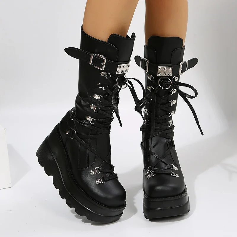 

Platform Boots for Womens Goth Punk Motorcycle Boots Fad Designer Belt Buckle Rivet Wedge Heels Mid Calf Women Boots Botas Mujer