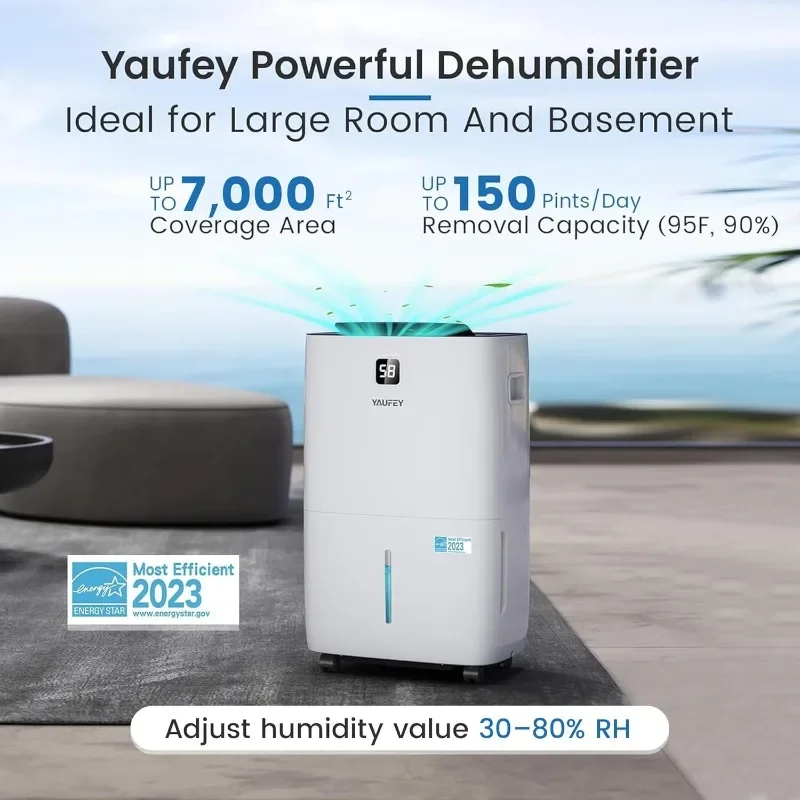 Yaufey 150 Pints Energy Star Dehumidifier for Home, Basement and Large Room up to 7000 Sq. Ft., with Drain Hose, Timer