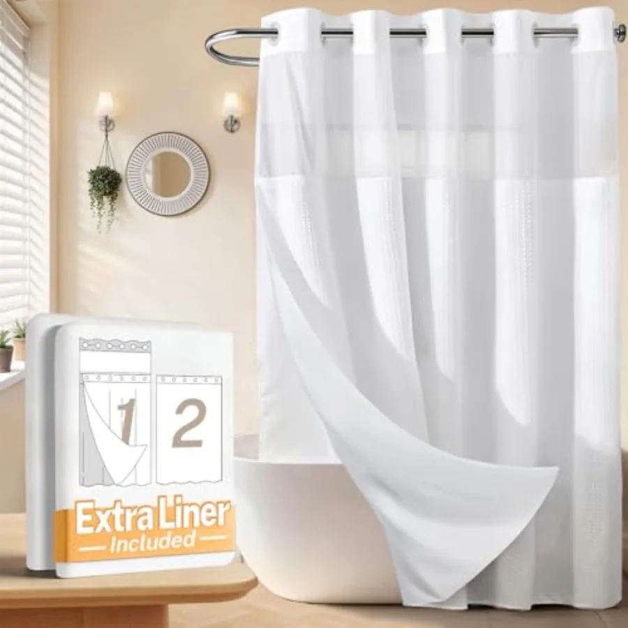 

No Hooks Waffle Weave Shower Curtain with Snap in Liner + an Extra Replacement Liner Bathroom Curtains Shower Set - 71W x 74H H
