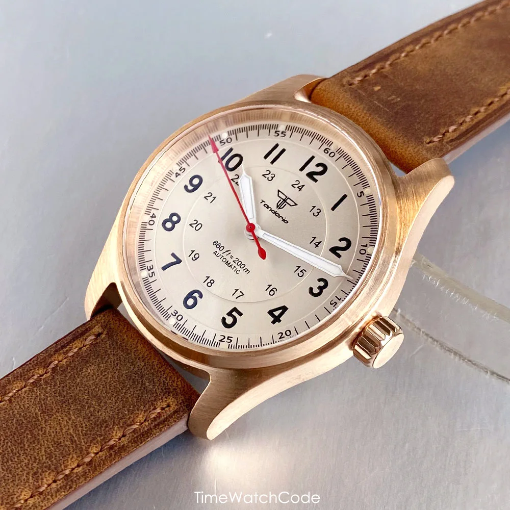 Tandorio ريال برونزية NH35A ساعة أوتوماتيكية للرجال الميكانيكية الطيار الساعات PT5000 الياقوت الكريستال CUSN8 39 مللي متر مقاوم للماء #4