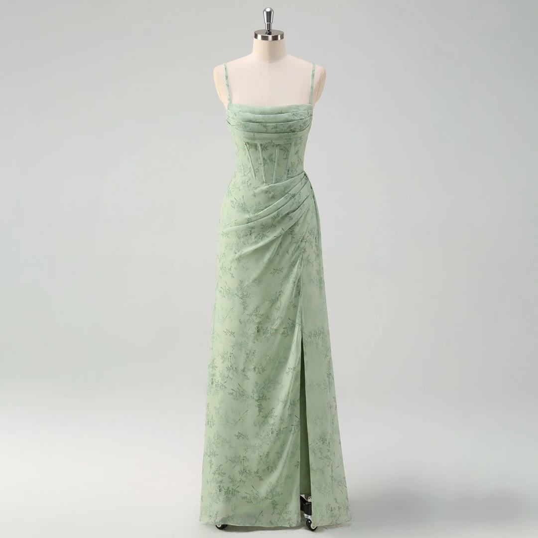 

Green Chiffon Printed Chic Prom Dresses Floral Spaghetti Straps Square Collar Ruffles Slit Evening Gown Wedding Bridesmaid Dress