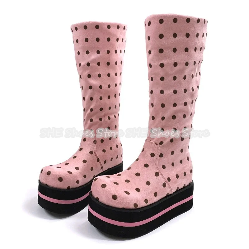 

Lolita Girl Mixed Color Polka Point Knee High Boots Y2K Chunky Bottom Height Increasing Pleated Long Boots Women Dress Shoes