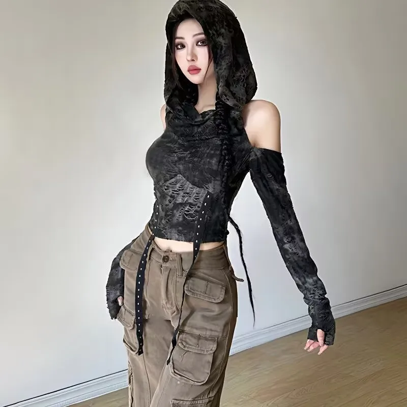 Shibuya Style Spicy Girl Y2k Top Off Shoulder Slimm Hoodie Gothic Langarm Hoodies Schwarz Vielseitiges Sweatshirt T-Shirt Damen