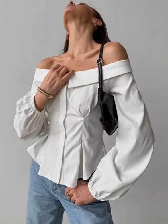 Seksowny top z odkrytymi ramionami, na jedno ramię, modny, uniwersalny, długi rękaw, dopasowany krój, do pracy, elegancki, jednolity kolor, zapinany na guziki.