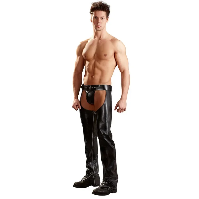 Exotic Gothic Gay fetish Men Sexy Open Crotch Pole Dance Pants Black Erotic Wetlook Patent Leather Leggings Chaps