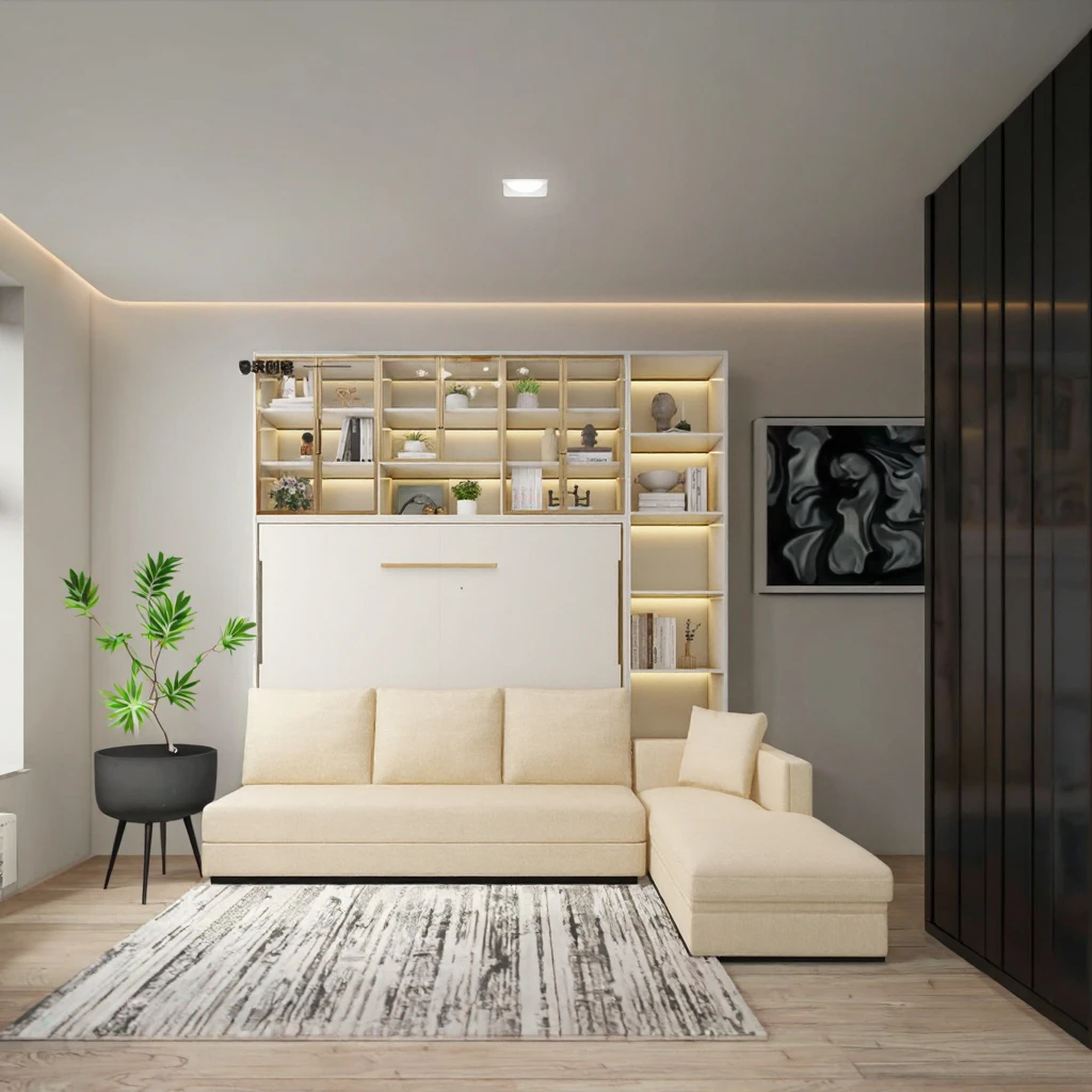 Modern dual-use one-room Murphy bed automatic folding invisible rollover multifunctional fabric upholstered metal wall bedroom