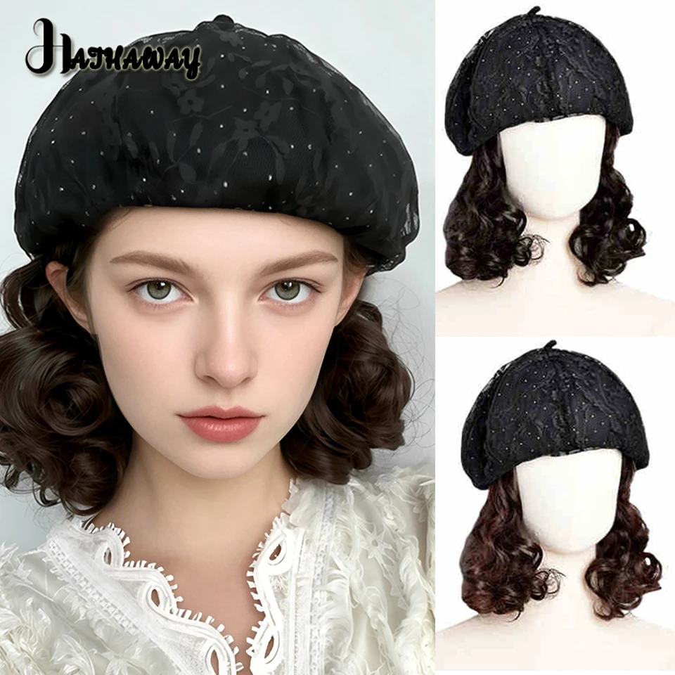 Synthetic Hats And Wigs One Female Autumn And Winter Fashion Mom Short Curly Hair Exotic Octagonal Lace Flower Beret Wig Hat