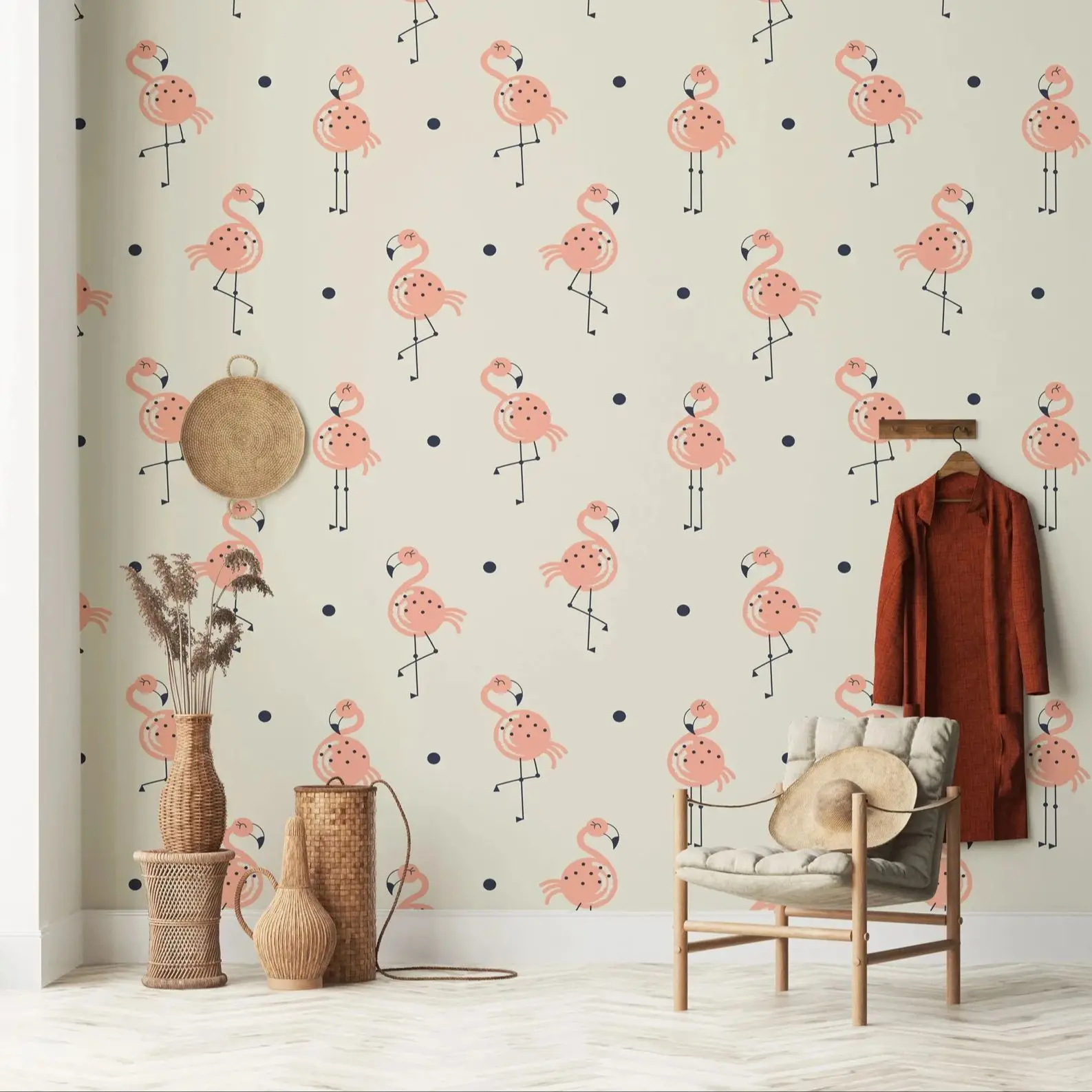 Flamingo Wallpaper Peel and Stick,Pind Birds Wall Mural For Kids Nursery Decor, Self Adhesive Or Traditional Non Woven Papers