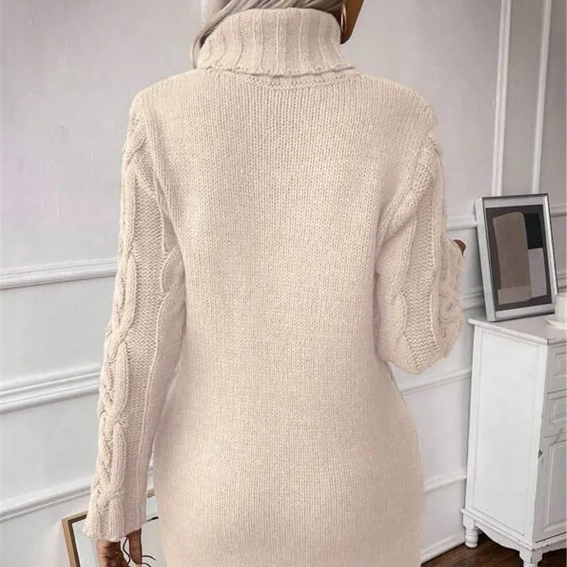 Sweater Dresses Women Autumn Twisted Ribbed Knitted Long Sleeve Turtleneck Mini Casual Solid Dresses Winter Streetwear