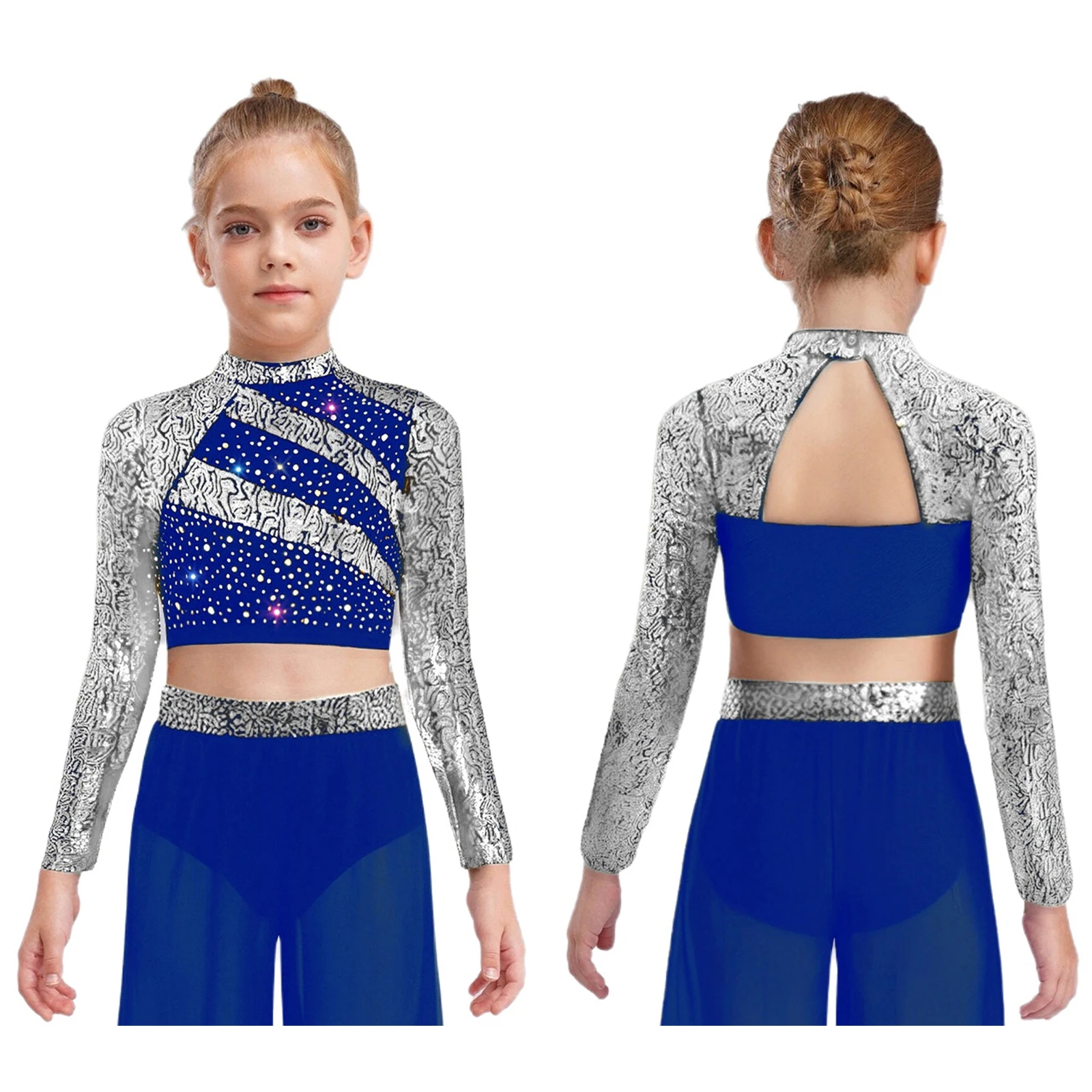 Girls Lyrical Dance Crop Tops Ballet Jazz Hip Hop Modern Dance Tshirts Costume Long Sleeve Sequin Crop Top for Stage Performance
