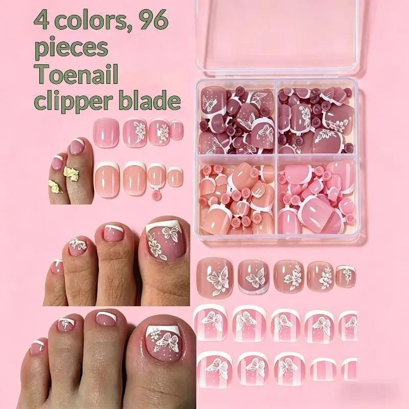96Pcs-box Short Press On Toe Nails Red High Saturation Fake Toe Nails French/Solid Color Summer Toenails Delicate Nail For Daily