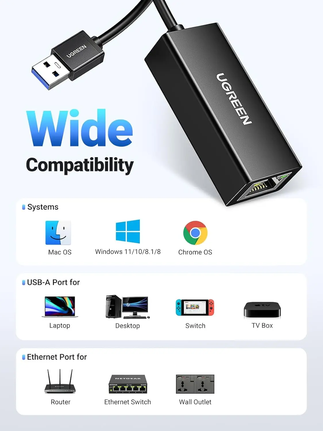 UGREEN USB 이더넷 어댑터, 1000Mbps 이더넷 어댑터 USB 3.0, 드라이버 불필요, RJ45 LAN 네트워크 어댑터