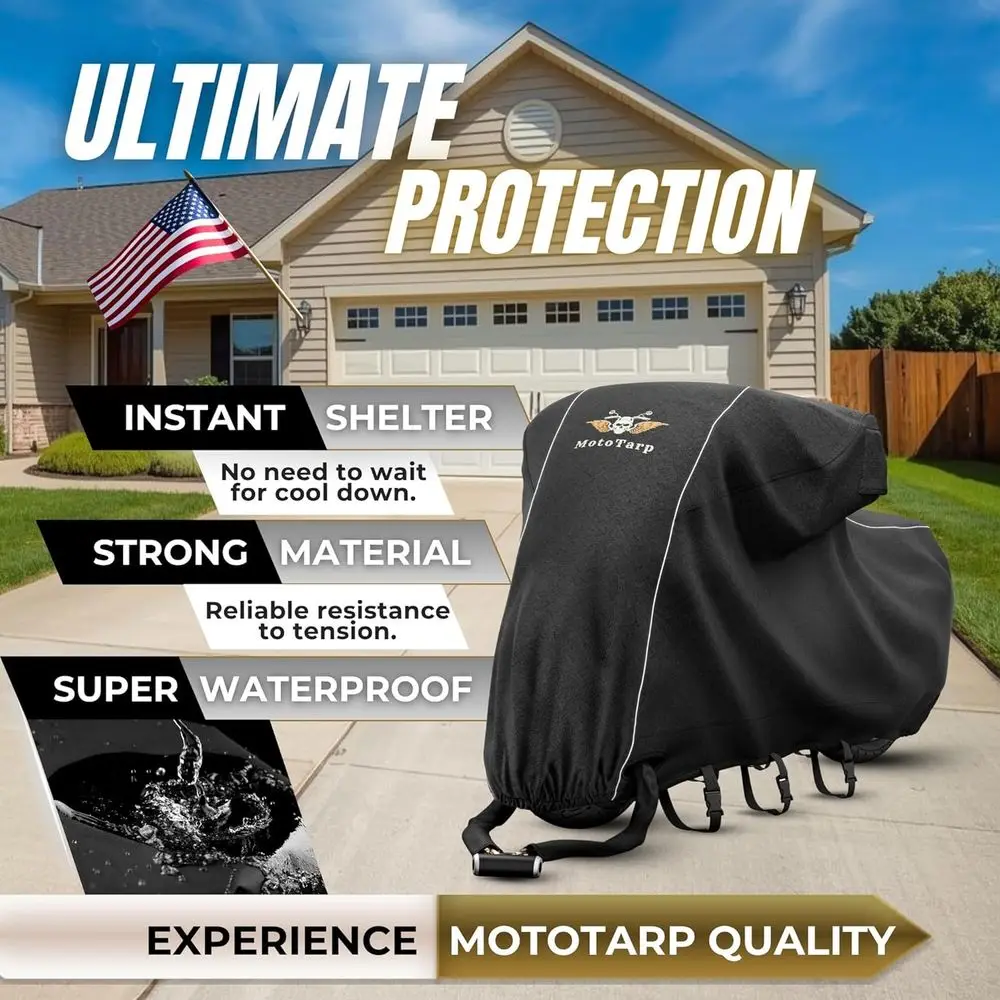 غطاء دراجة نارية عالي التحمل 600D مقاوم للماء بنسبة 100%؛ نافذة لوحة الترخيص، واقي حرارة العادم، عاكسات ليلية، فتحات قفل العجلة (