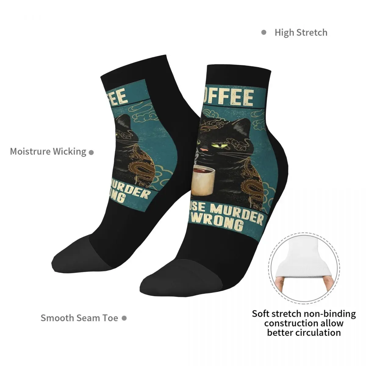 Black Cat Coffee Because Murder Is Wrong Gifts For Cat Lover Socks Harajuku Stockings All Season Socks for Man's Woman's Gifts