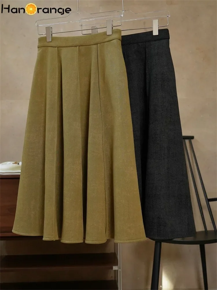 HanOrange 2024 Winter Vintage Nylon High Waist A-line Umbrella Skirt Slim Draping Half Skirt Black Gray/Gray Green