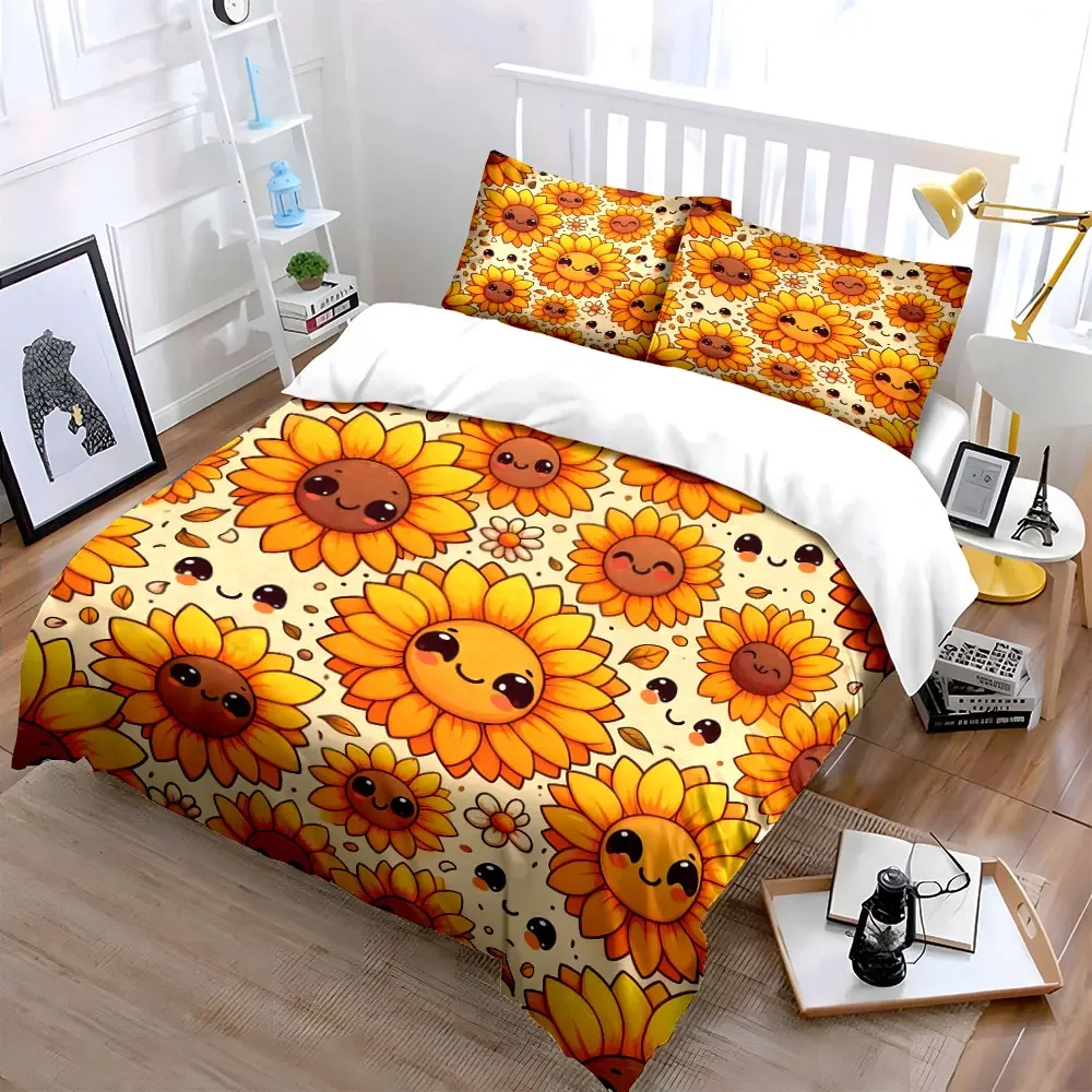 Sunflower Cartoon Three-Piece Set Decor Multiple sizes kid's and adults' bedroom Exquisite 3PC bedding set, gift