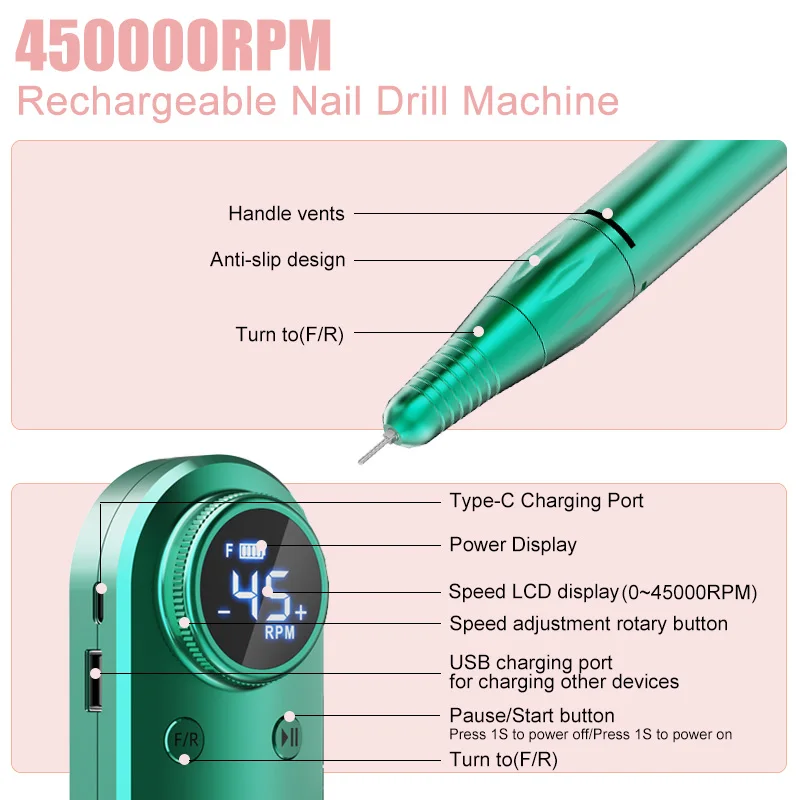 45000RPM الكهربائية مانيكير الحفر المحمولة مسمار آلة الحفر مع بطارية عالية السعة المهنية مسمار مخرطة مانيكير القاطع