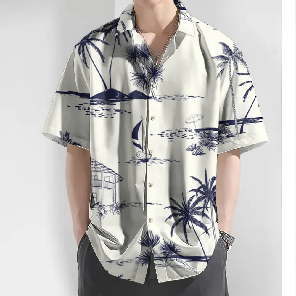 New Hawaiian Shirt For Men3d Coconut Tree Print Short Sleeved Tops Daily Casual Male Clothing Loose Oversized Shirts 2024