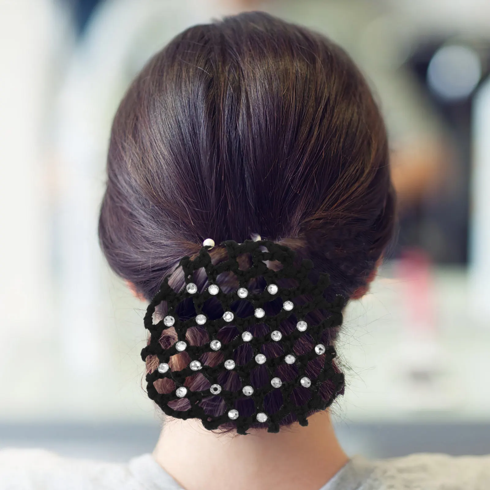 4Pcs Black Elegant Bun Hair Net for Kids Girls Dance Ballet Performance Acrylic Rhinestone Hairnet Snood Wrap Cover for Buns