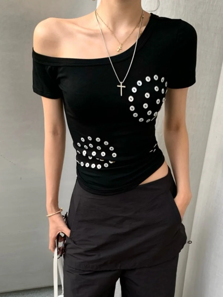 

Alien Kitty Hot Girls Women Tees Summer Short Sleeve Casual 2025 Party OL New Slim Skew Collar Daily All Match Sexy T-Shirts