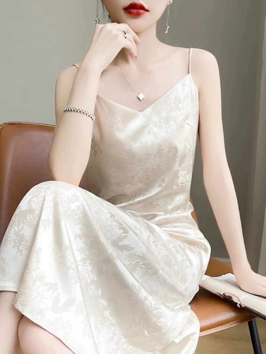 Ele Silk Long Dr Abito estivo da donna a vita alta a trapezio con stampa V-Ne Abito in acetato di raso Svel Bla Strapl Dr