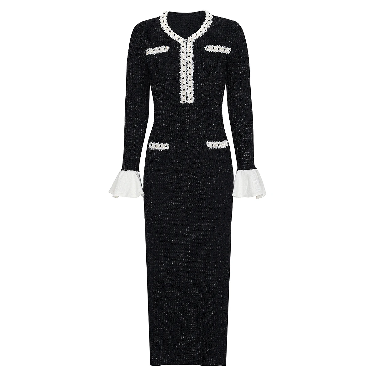 2613 High-Quality Spring And Autumn New Fashionable Commuting Beaded Knitted Women's Temperament Lotus Leaf Long-Sleeved Dress