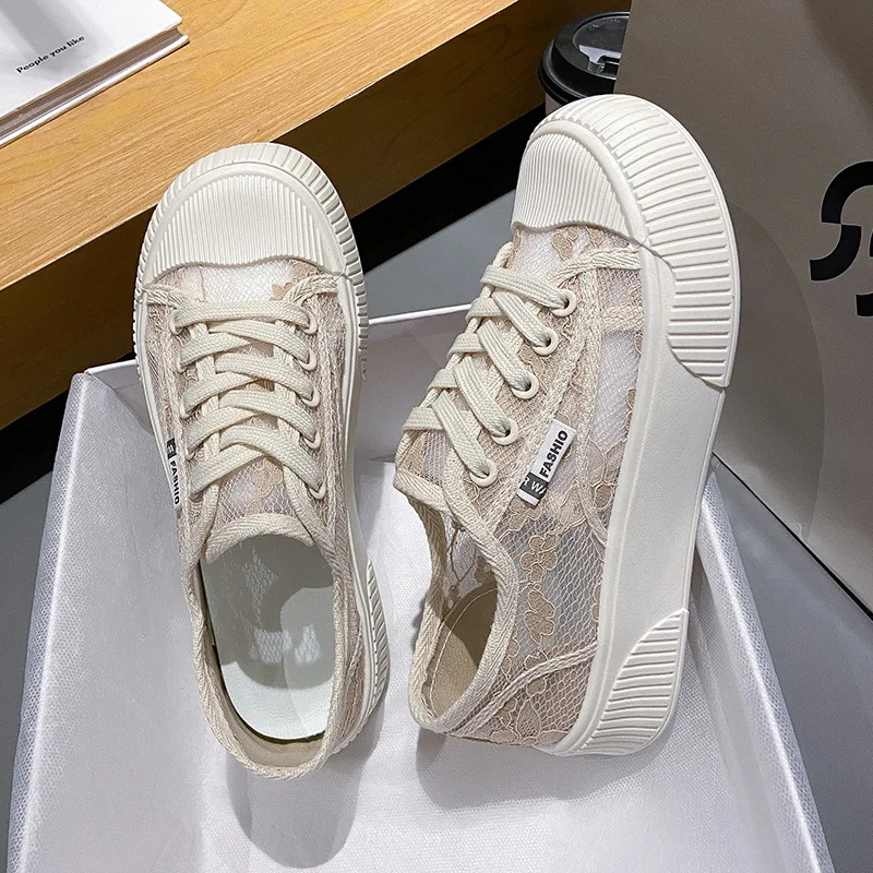 Women Shoes 2022 Fashion Summer Casual White Shoes Cutouts Lace Canvas Hollow Breathable Platform Flat Shoes Woman Sneakers