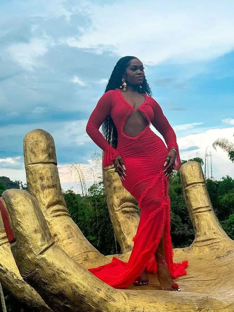 Sexy vestidos vermelhos para mulheres primavera manga longa elegante oco para fora vestido de noite feminino festa fenda lateral vestidos longos chiques