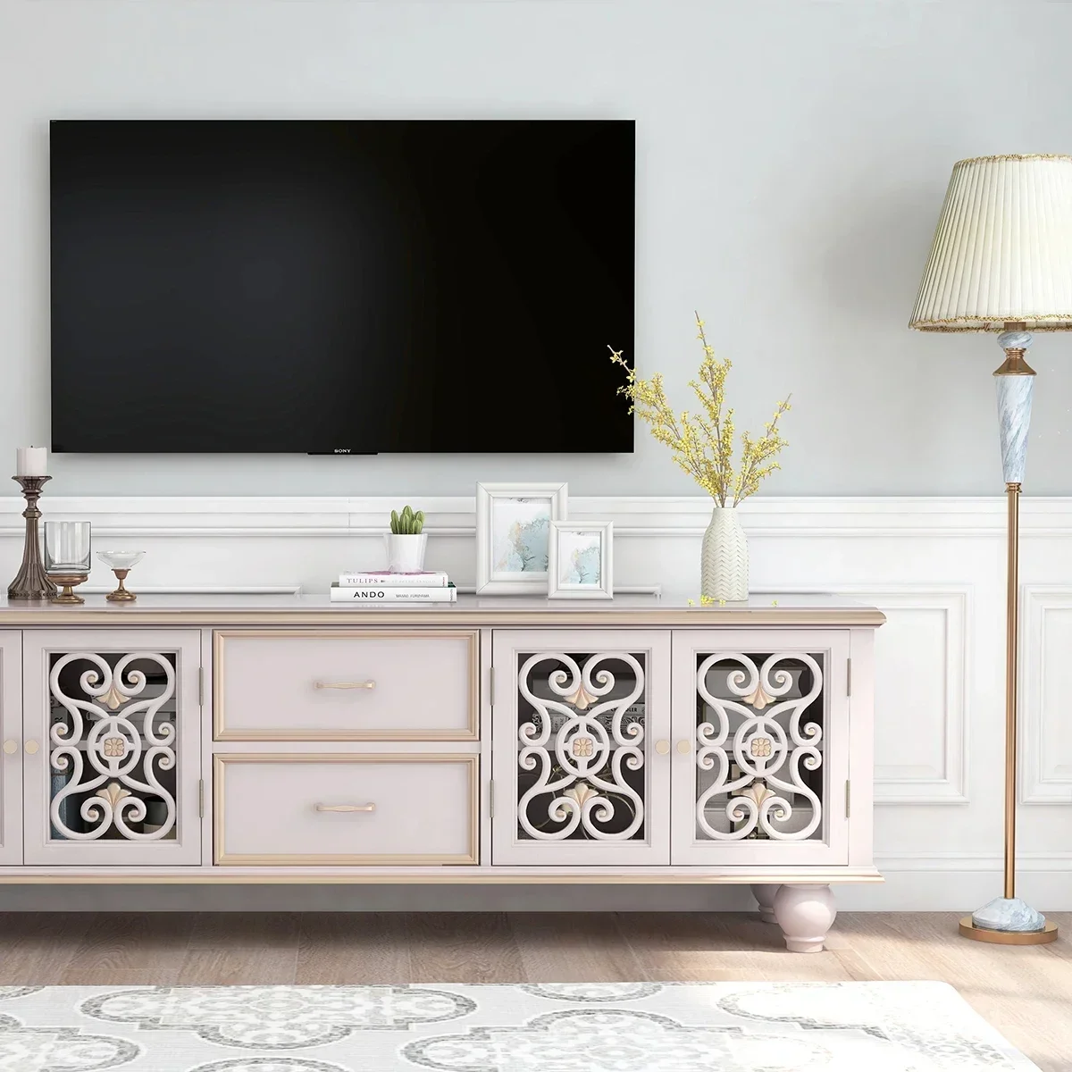 NEW Solid wood TV living room background wall decorative projector low cabinet storage against the wall