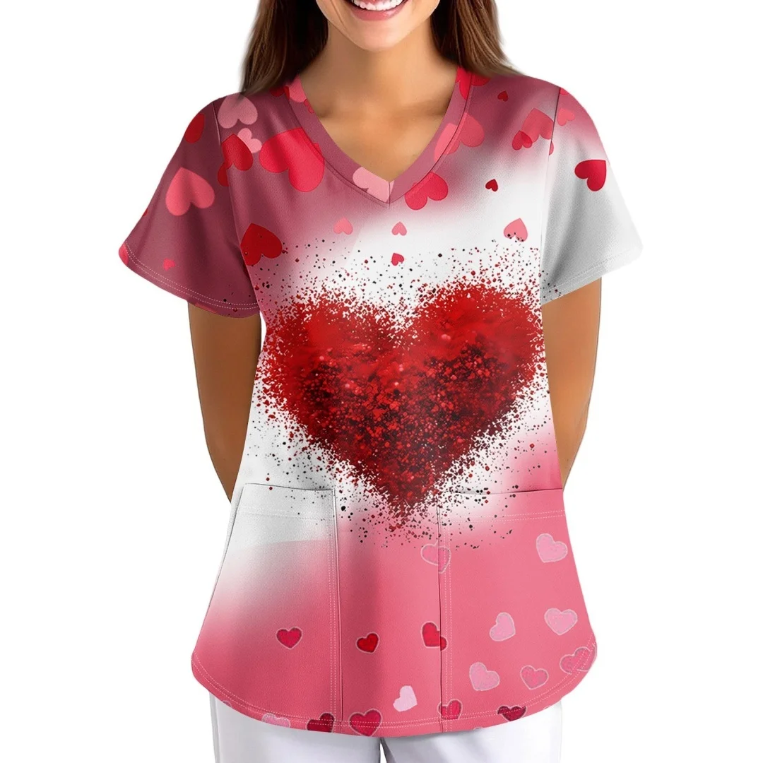 عيد الحب المرأة فرك الأعلى قصيرة الأكمام الخامس الرقبة القلب طباعة قمصان التمريض العمل موحدة 2026 الطبية فرك تي شيرت جديد