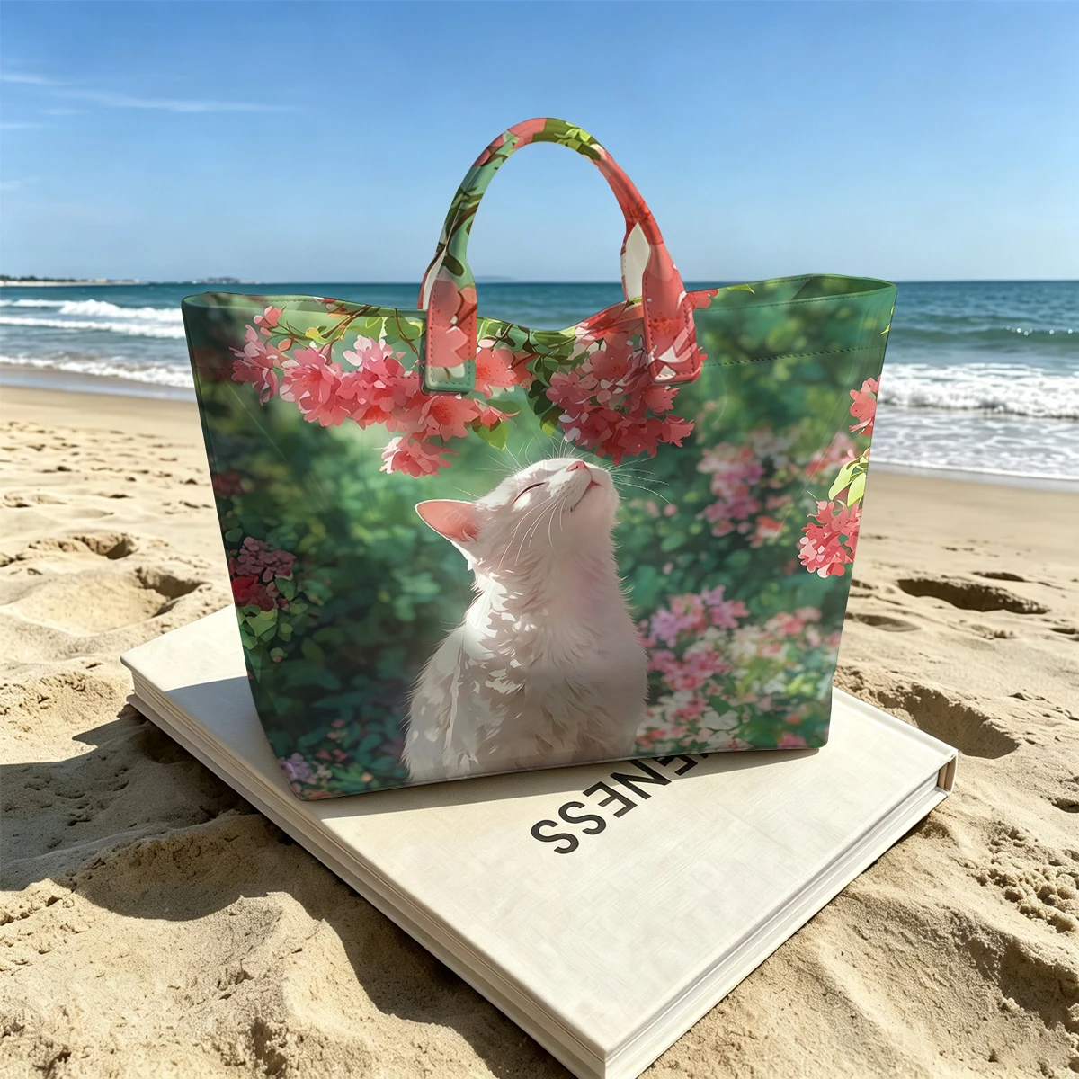 Cat Sniffing Blossoms Stylish Large Glossy PVC Tote Bag Washable Waterproof Durable Ideal for Travel Commute Cosmetics Handbags