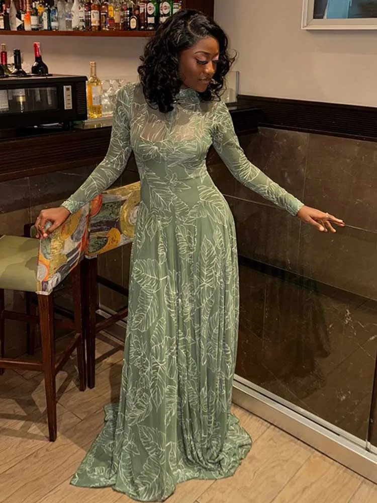 

Платье макси с длинным рукавом для женщин, мягкое прозрачное плиссированное элегантное оливково-зеленое вечернее платье, утягивающее платье с высокой талией для мероприятий