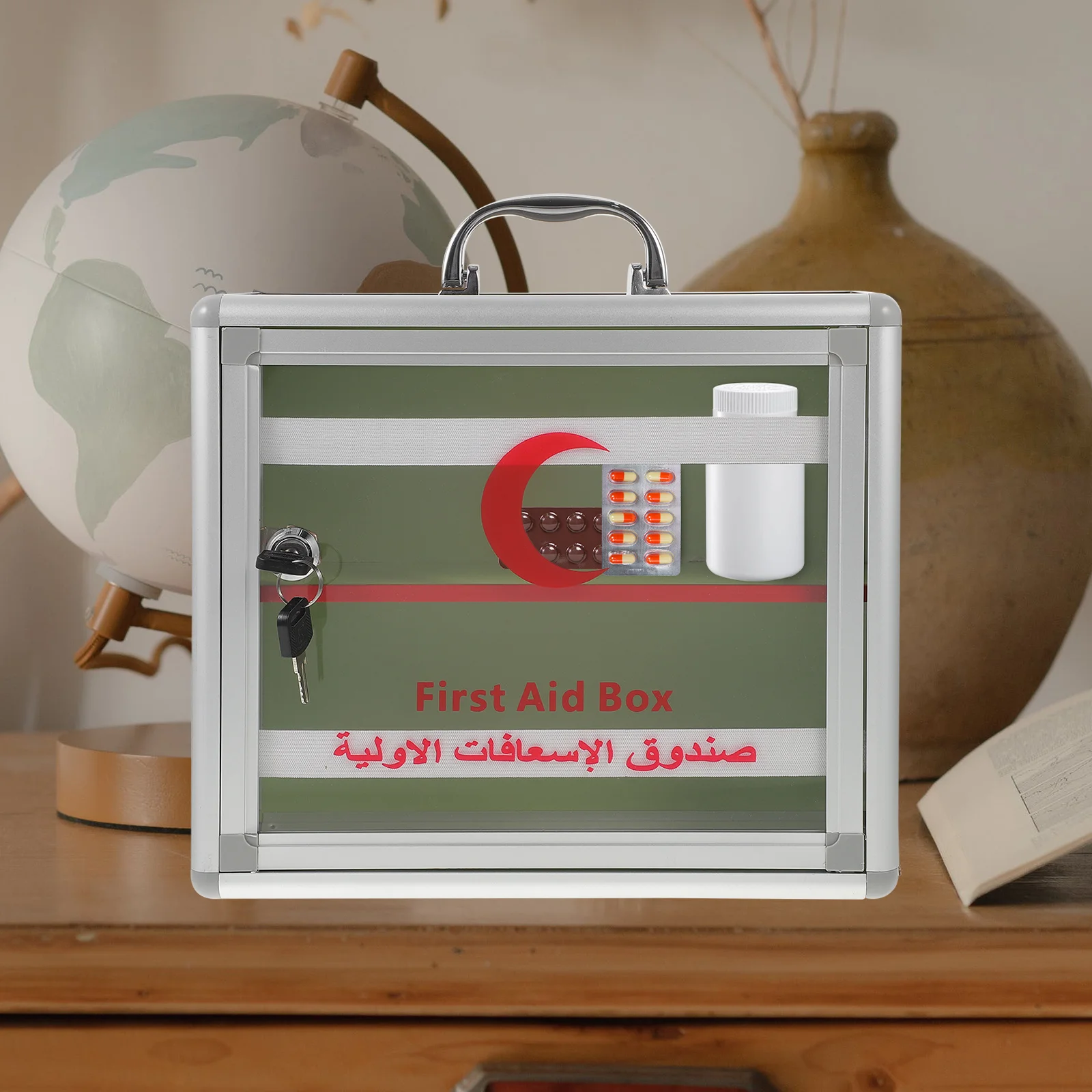 صندوق دواء الطوارئ مصنوع من سبائك الألومنيوم بسعة كبيرة، حقيبة إسعافات أولية محمولة، مقبض مريح، تخزين مقاوم للماء وقابل للقفل #2