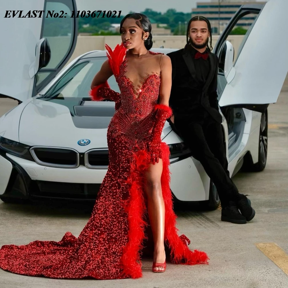 EVLAST personnalisé paillettes rouge paillettes sirène robe de bal noir filles haute fente plume cristal perlé robe de soirée E2P277