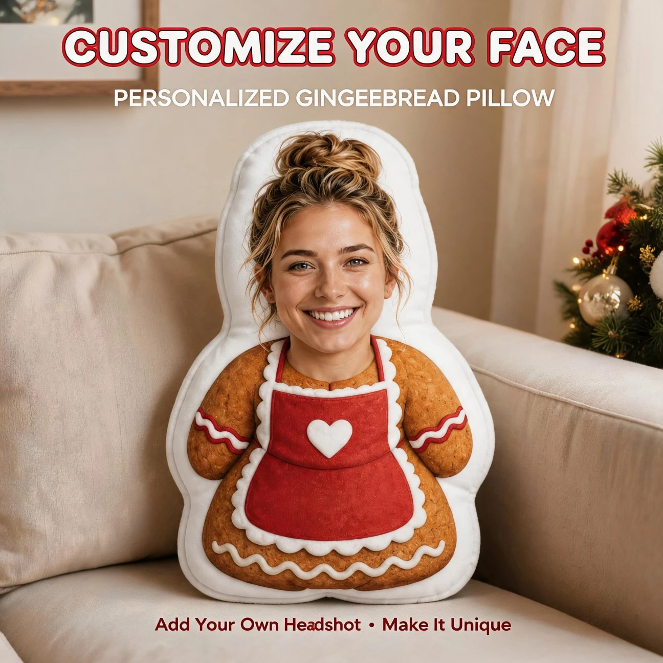 Custom Personalized Photo Gingerbread Style Shaped Pillow, Smiling Face Red Apron Custom Picture Decorative Cushion, Unique Home