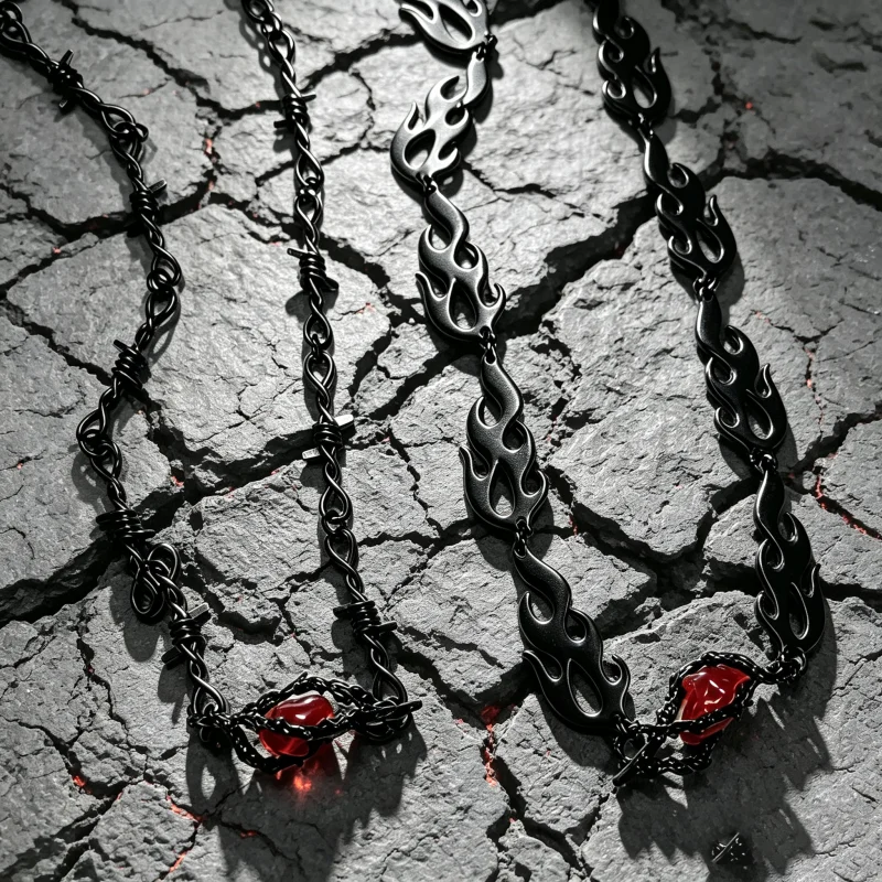 2-piece Gothic black layered necklace set with barbed wire and flame chain, red heart thorn pendant, stacked necklace jewelry