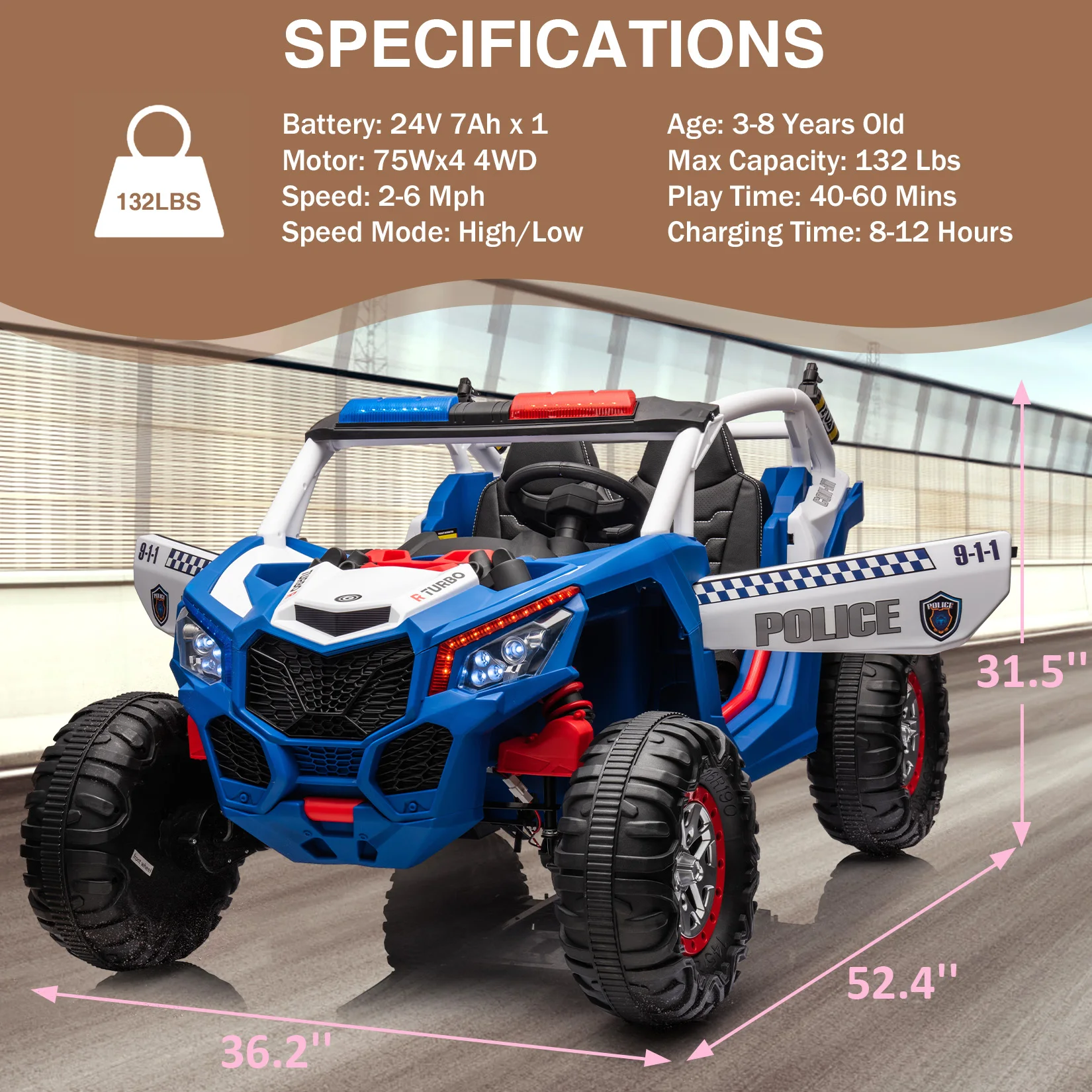24V 2-Seater UTV, 4WD Ride On Toys with Remote Control Electric Vehicle 4 Shock Absorbers, Leather Seats, Music and Lights