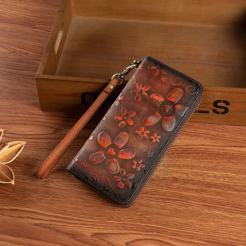 Nuevo Cartera larga para mujer, cartera Vintage hecha a mano de piel de vaca con cremallera, monedero de gran capacidad para