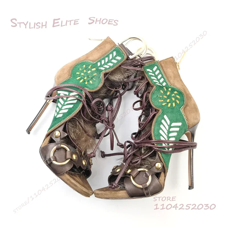 Gray Velvet Rope Wrapped Reddish Brown Boots Women Open Stiletto Suede Sandals Fringe Totem Print Cool Girl Wild Lace Heels Shoe