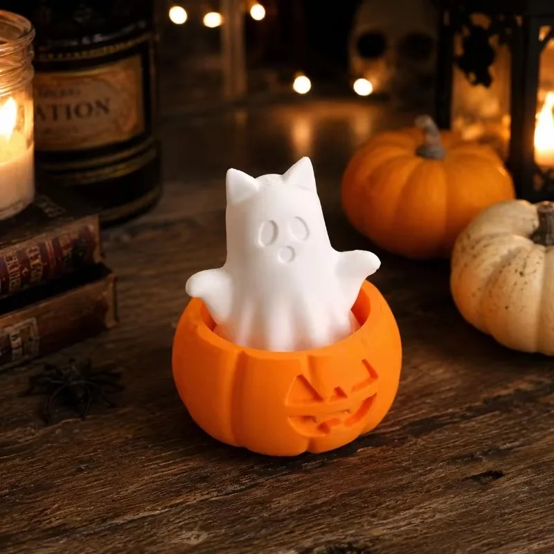 Halloween Spring Pumpkin Ghost Cat Decor, 3D Printed Press & Bounce Desktop Ornament, Spooky Pumpkin Figure Holiday Gift