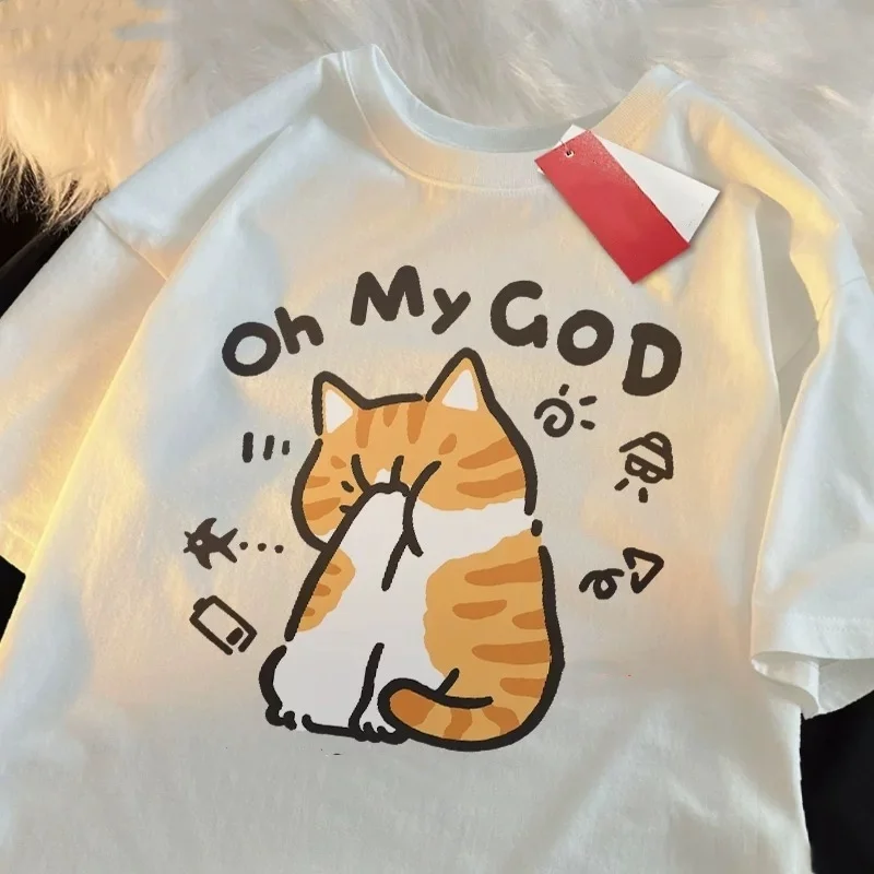 Brand New Cat Print Short-Sleeve T-Shirt Plus Size Summer Collection Sale Man And Woman  Cotton Breathable Tee Top 2025