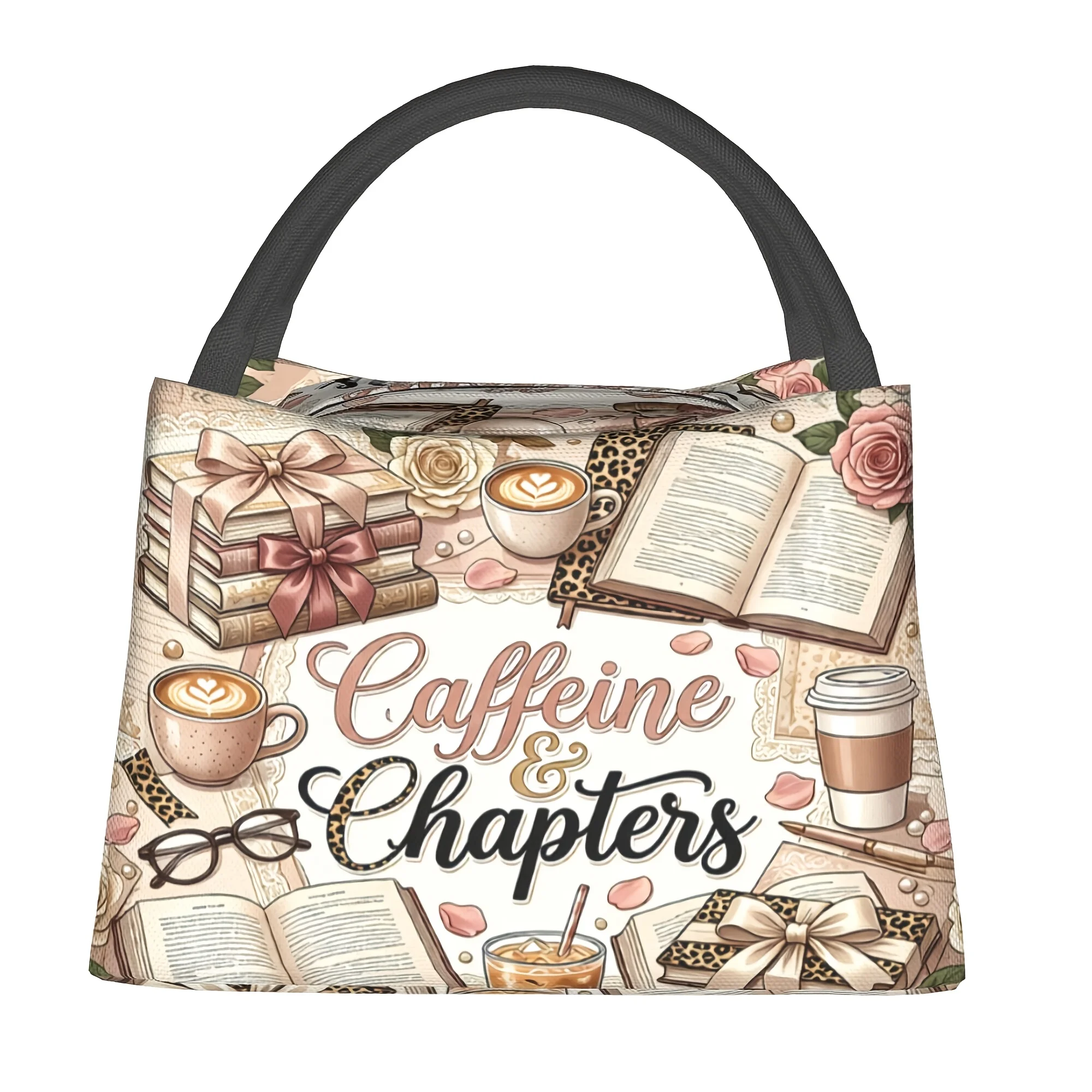 1pc, Coffee And Chapter Book Print Insulated Lunch Bag, Reusable Handheld Design, Multifunctional Thermal Cooler Bag