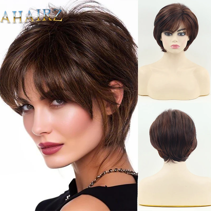 

Synthetic Straight Wig for Women Daily Reddish Brown Wig with Bangs Short Wigs Lady Realistic Fake Hair Heat Resistant