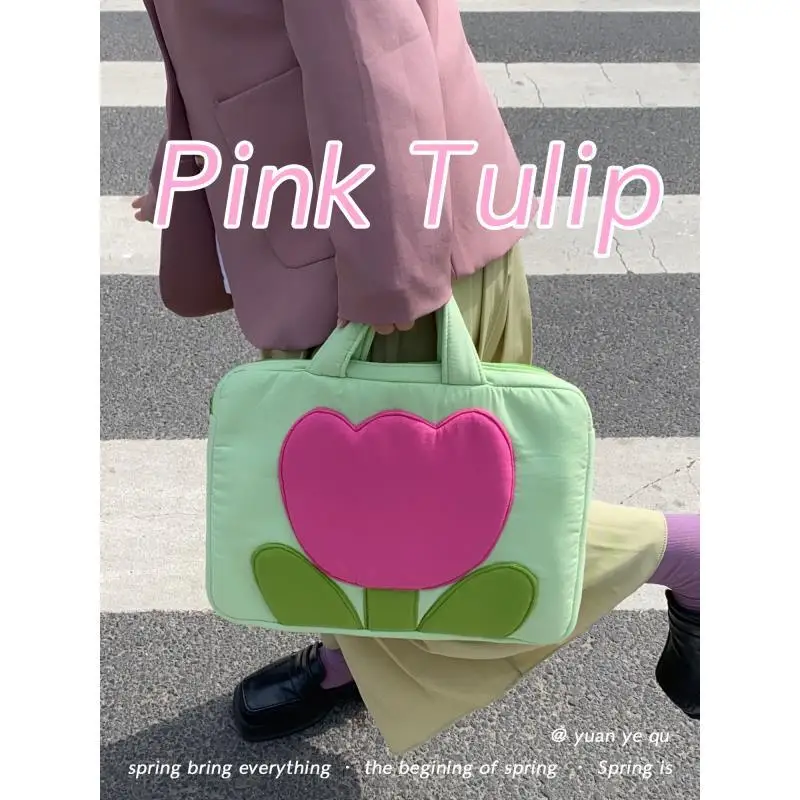 Pink Tulip Bag Girls Sweet Simple Zipper SOFT Handbags Women 14/16 Inches Laptop Bag Storage Bag