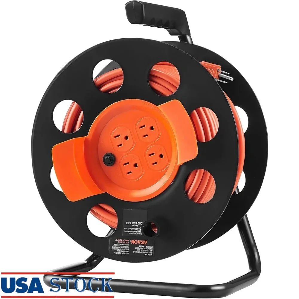 

100FT Retractable Extension Cord Reel with 4 Outlets Heavy Duty 14AWG Power Cable Circuit Breaker Portable Handle Durable